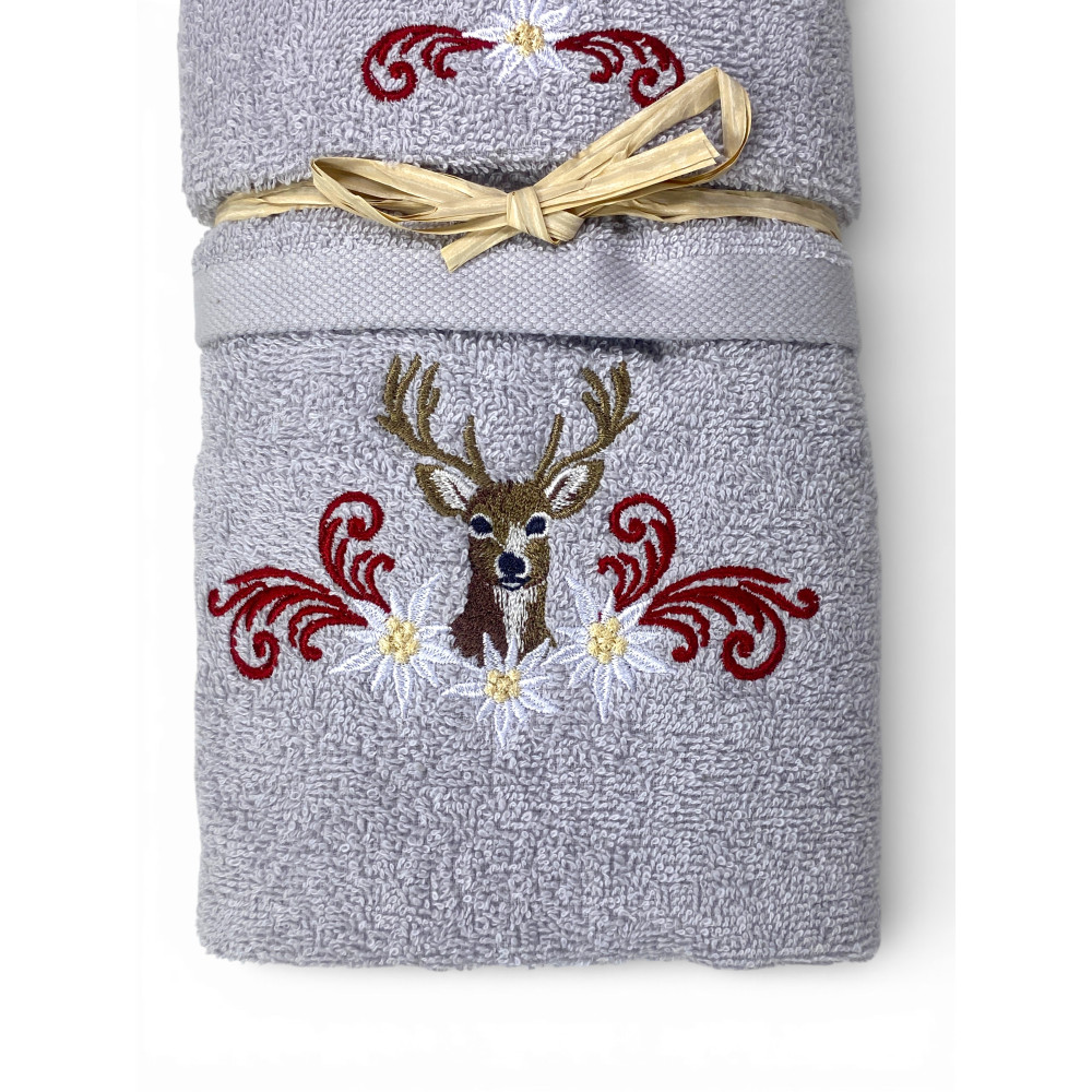 Set Asciugamani Tirolese Cervo e Stelle Alpine Grigio Chiaro - Tirolo - Spugna 100% Cotone - Ricamo Made in Italy