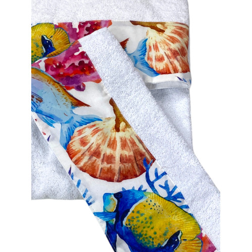 Set Asciugamani Mare Bianco 500 g/m² 100% Cotone | 1 Asciugamano 60x110 + 1 Ospite 40x60 con Balza Acquario Pesci