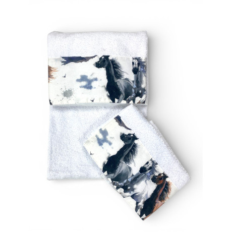 Set Asciugamani Cavalli Bianco 500 g/m² 100% Cotone | 1 Asciugamano 60x110 + 1 Ospite 40x60 con Balza Stampata