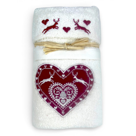 Set Asciugamani Tirolese Panna Cuore Cervo Ricamato | 1 Asciugamano 60x110 + 1 Ospite 40x60 100% Cotone Made in Italy