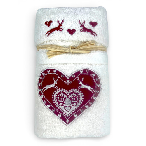 Set Asciugamani Tirolese Panna Cuore Cervo Ricamato | 1 Asciugamano 60x110 + 1 Ospite 40x60 100% Cotone Made in Italy