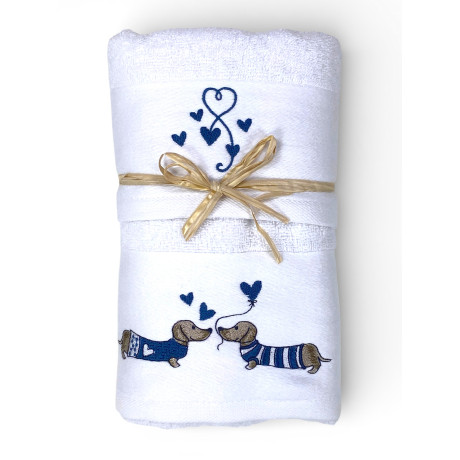 Set Asciugamani Bassotti Blu in Spugna Bianca 100% Cotone | 1 Asciugamano 60x110 + 1 Ospite 40x60 Ricamo Cuori | Made in Italy