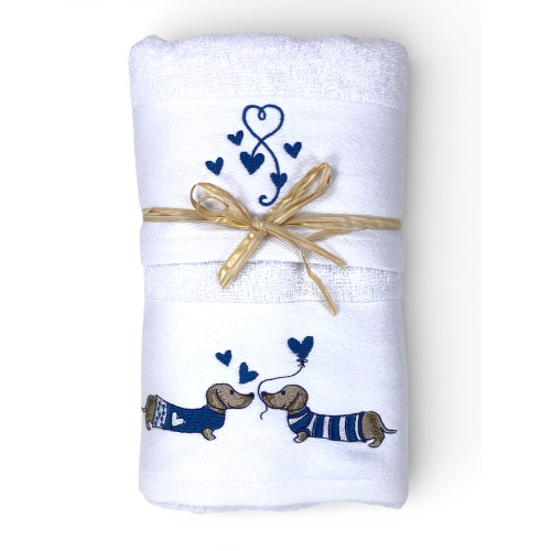 Set Asciugamani Bassotti Blu in Spugna Bianca 100% Cotone | 1 Asciugamano 60x110 + 1 Ospite 40x60 Ricamo Cuori | Made in Italy