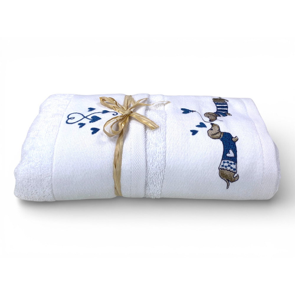 Set Asciugamani Bassotti Blu in Spugna Bianca 100% Cotone | 1 Asciugamano 60x110 + 1 Ospite 40x60 Ricamo Cuori | Made in Italy