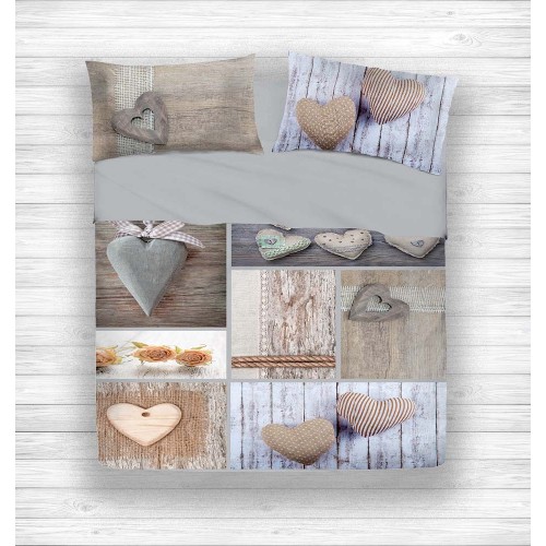 COMPLETO LENZUOLO DIGITALE LENZUOLA JOY COPRILETTO SHABBY CUORE BEIGE DIS.5