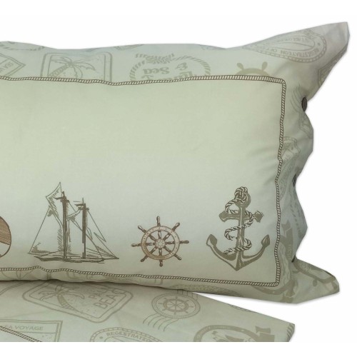 COMPLETO LENZUOLO MARE ANCORA TIMONE VELA BEIGE MATRIMONIALE 2 PIAZZE