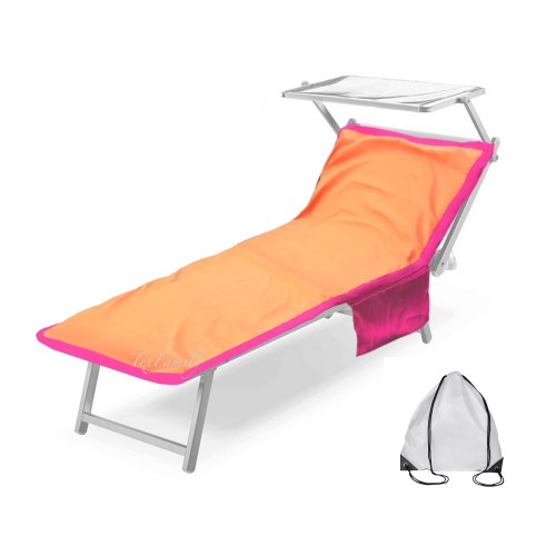 TOALLA DE PLAYA DE PELUCHE EN TUMBONA DE MICROFIBRA CON BOLSILLOS DE CM. 80 X 190 NARANJA CON MOCHILA