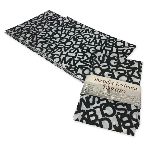 STAIN-RESISTANT RESIN-COATED TABLECLOTH TORINO LETTERE WHITE BLACK