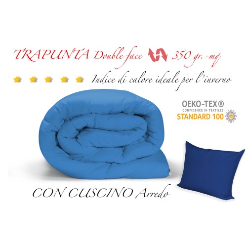 TRAPUNTA PIUMONE TINTA UNITA BLU - BLUETTE  double face INVERNALE 350 GR. CON FEDERA ARREDO BXAR