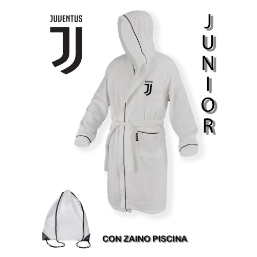 Bademantel CHILD BOY ORIGINAL Juve JUVENTUS Microsponge WEISS SCHWARZ mit Rucksack POOL