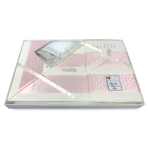 SHARON LAKENSET MIT ROSA APPLIZIERTEM RAND DOPPELHOCHZEITSIDEE