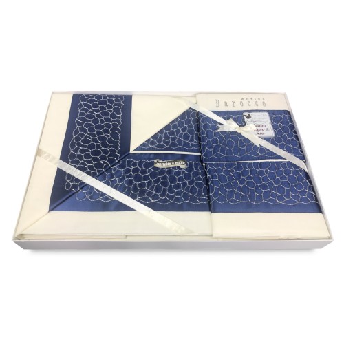 JUEGO DE SÁBANAS SHARON CON BORDE APLICADO AZUL DOUBLE IDEA SPOSA