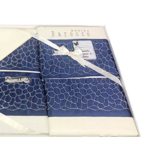 JUEGO DE SÁBANAS SHARON CON BORDE APLICADO AZUL DOUBLE IDEA SPOSA