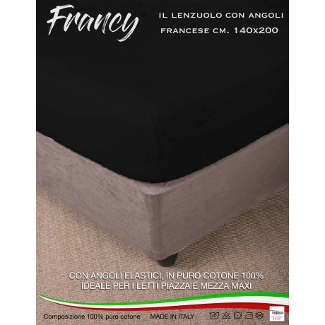 LENZUOLO CON ANGOLI FRANCY NERO FRANCESE 1 PIAZZA E MEZZA GRANDE MAXI