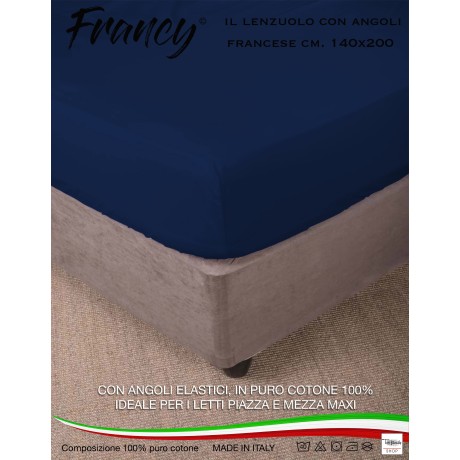 LENZUOLO CON ANGOLI FRANCY BLU SCURO  FRANCESE 1 PIAZZA E MEZZA GRANDE MAXI