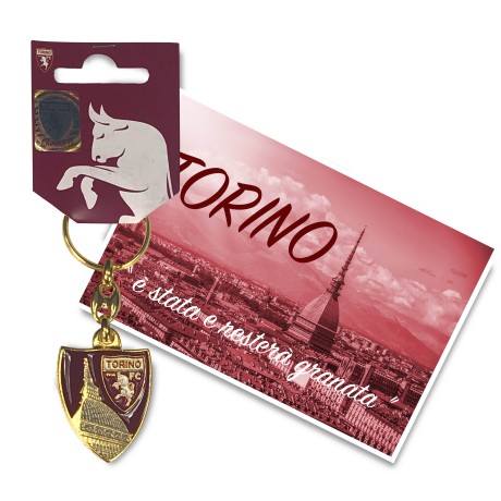 KEYCHAIN en MÉTAL doré ÉMAIL TORINO FOOTBALL club FC et de la carte postale de TURIN EST