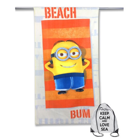 TELO MARE IN SPUGNA MINION BEACH BUM cm. 70x140 con zaino Spiaggia KEEP CALM