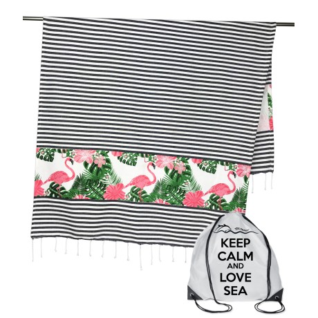 TELO MARE FOUTA FENICOTTERO RIGHE MISURA GRANDE CM.100X200  con zaino Spiaggia KEEP CALM FENROS