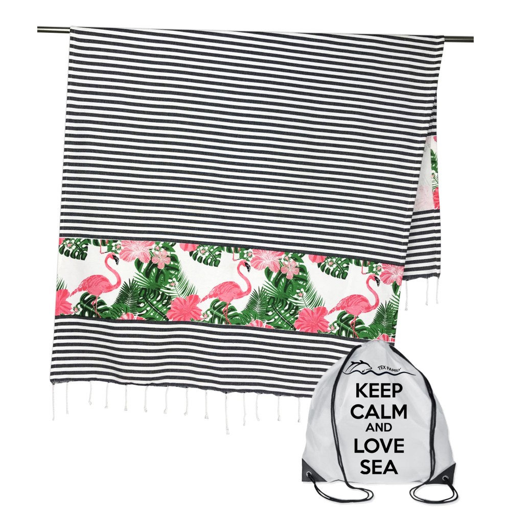 TELO MARE FOUTA FENICOTTERO RIGHE MISURA GRANDE CM.100X200  con zaino Spiaggia KEEP CALM FENROS