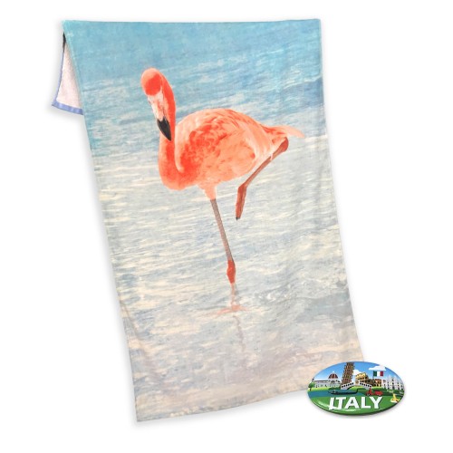 PHOTOGRAPHIC BEACH TOWEL IN SPONGE LARGE SIZE CM.80x160 FLAMINGO AT THE SEA