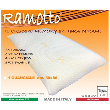 GUANCIALE MÉMOIRE RAMOTTO © EN FIBRE DE CUIVRE ANTI-ACARIENS, ANTI-ALLERGIQUE, ANTI-BACTÉRIEN