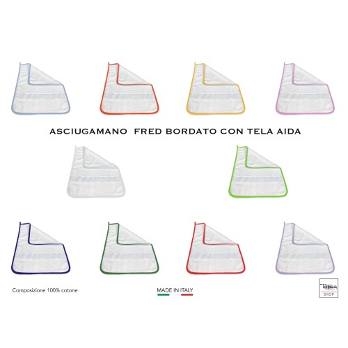 TOALLA FRED ASILO ribeteada en COLOR LISO con lona AIDA para bordar el nombre
