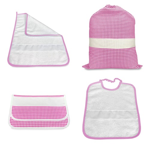 KINDERGARTEN SET 4-teilig TASCHE und Handtuch und YARN-DYED CHECKERED BAG mit AIDA Canvas zum Aufsticken des Namens