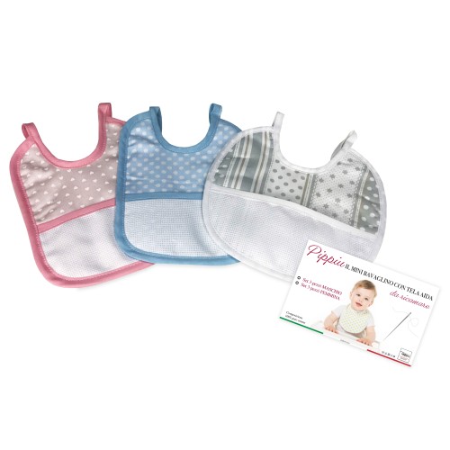 SET 3 BAVAGLINI BAVETTE bambino PIPPÌU © cm. 16x18 misura MINI bavaglio con lacci con tela aida