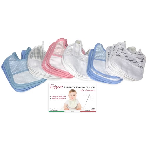 SET 3 BAVAGLINI BAVETTE bambino PIPPÌU © cm. 16x18 misura MINI bavaglio con lacci con tela aida