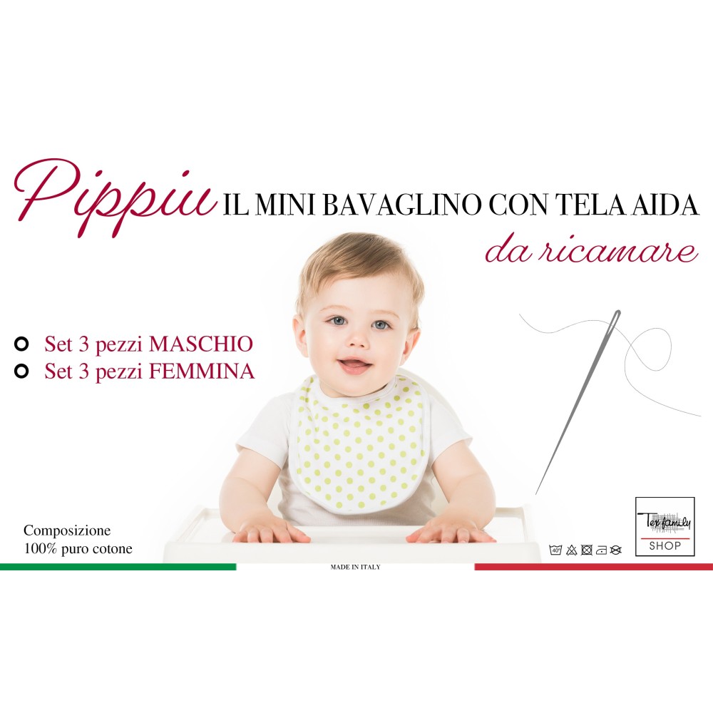 SET OF 3 BIBS BIBS FOR CHILDREN PIPPÌU © CM. 16x18 size MINI lace-up gag with aida canvas