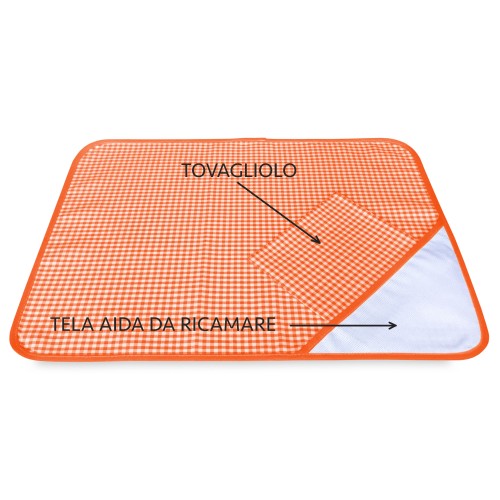 TOVAGLIETTA e TOVAGLIOLO ASILO a QUADRETTI TINTO IN FILO con tela AIDA per ricamare il nome