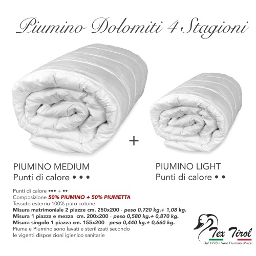 PIUMINO oca TEX TIROL ©  DOLOMITI 4 stagioni 50% PIUMINO OCA / 50% PIUMA OCA tutte le misure